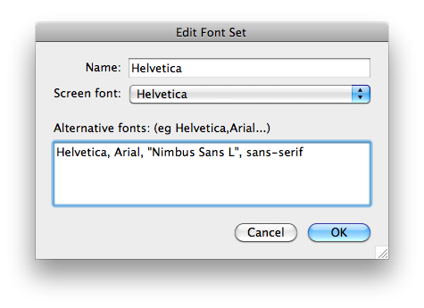 The Edit Font Set dialog containing a new font stack